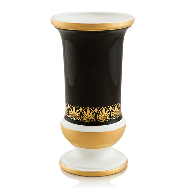 Vaso Michela h24 in ceramica colore Bianco Opaco e Nero Lucido, dettagli Oro e disegni applicati